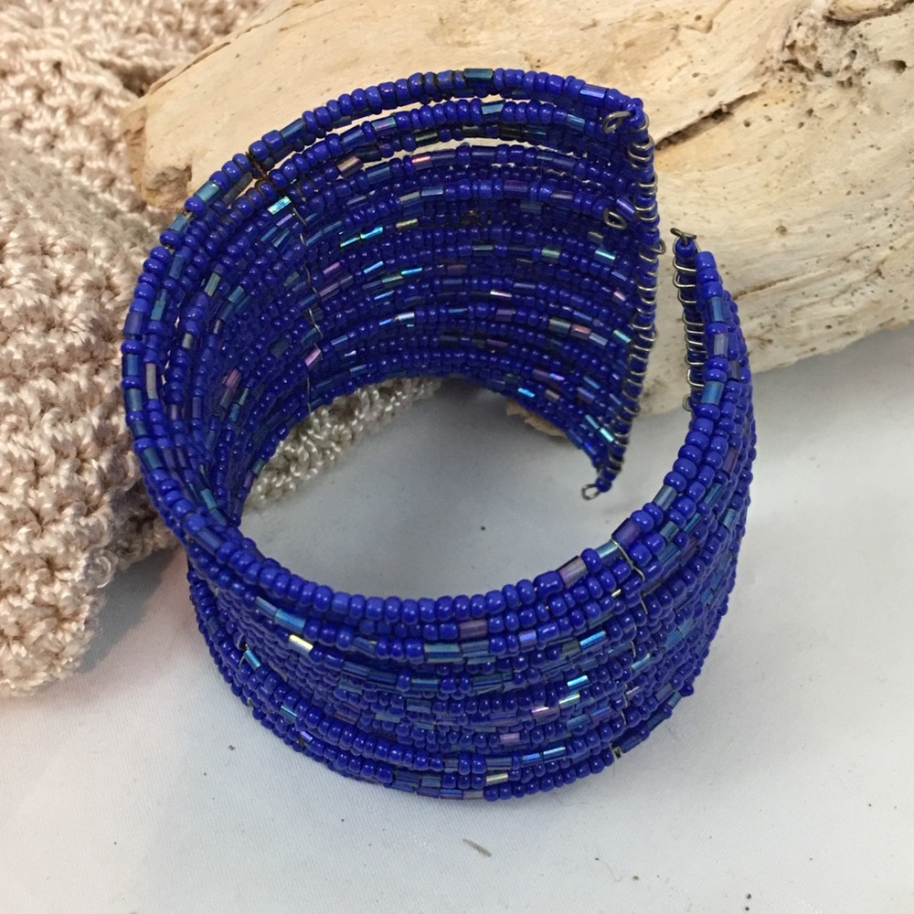 Multi seed bead royal blue cuff bracelet